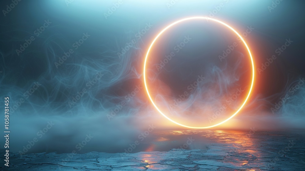Poster a glowing circular shape in a misty environment, creating a surreal, atmospheric effect.