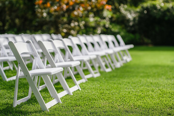 Row of white folding chairs on outdoor garden grass