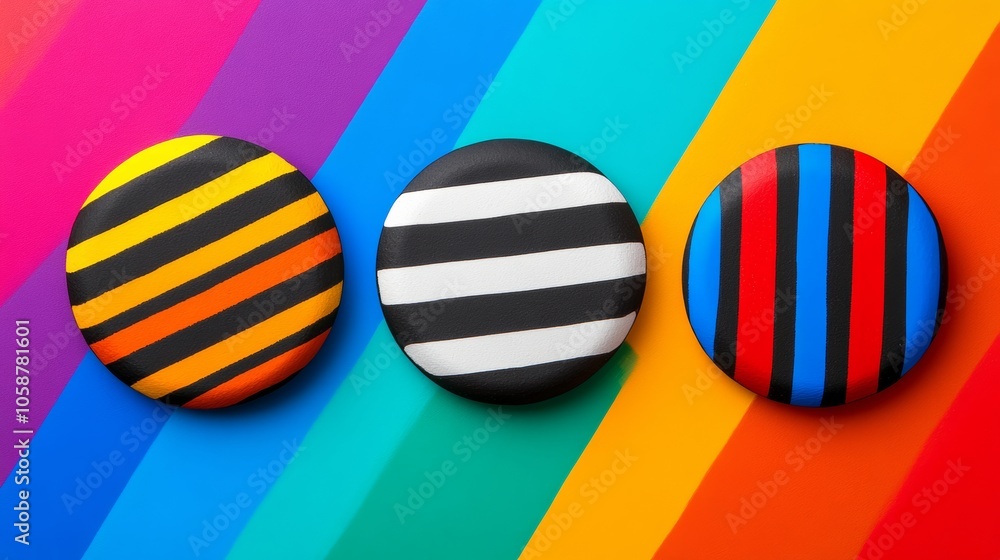 Poster Three colorful buttons with stripes and dots are arranged in a row. The buttons are of different colors and sizes, and they are placed on a colorful background. Concept of creativity and playfulness