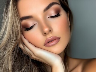 Fototapeta premium A woman with long blonde hair and a pink eye shadow