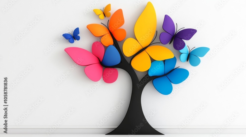 Poster colorful tree with butterflies on it. butterflies are in different colors and are scattered all over