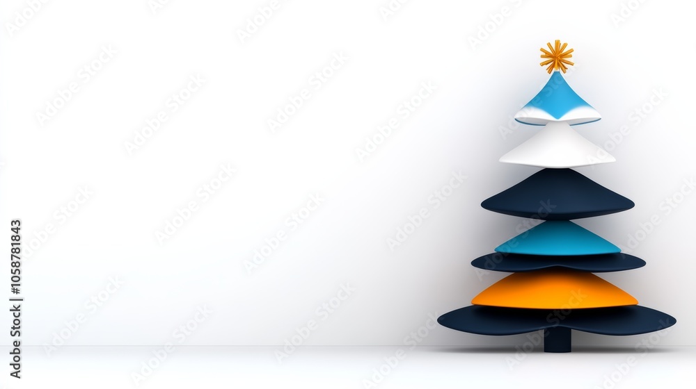 Poster christmas tree with a blue top and orange and blue branches. the tree is tall and has a snowflake on