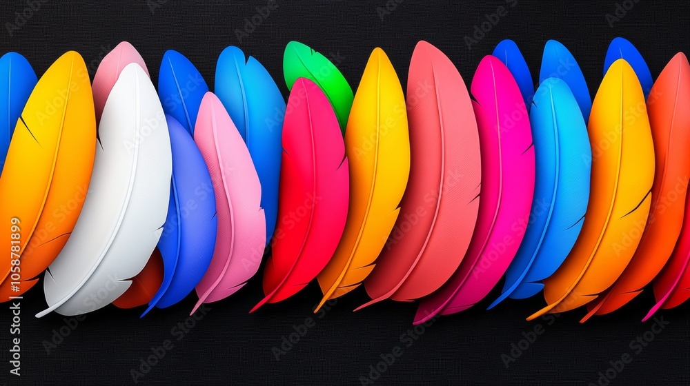 Poster row of colorful feathers are arranged in a line. the feathers are of different colors and sizes, cre