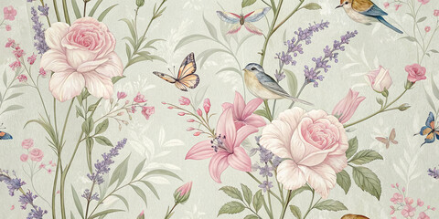 A delicate symphony of blooming flowers, fluttering butterflies, and perched birds creates a vibrant tapestry of nature's beauty.