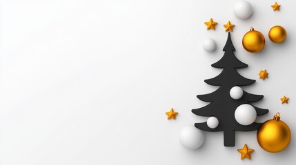 Black and white Christmas tree with gold and white ornaments. The tree is surrounded by a white background
