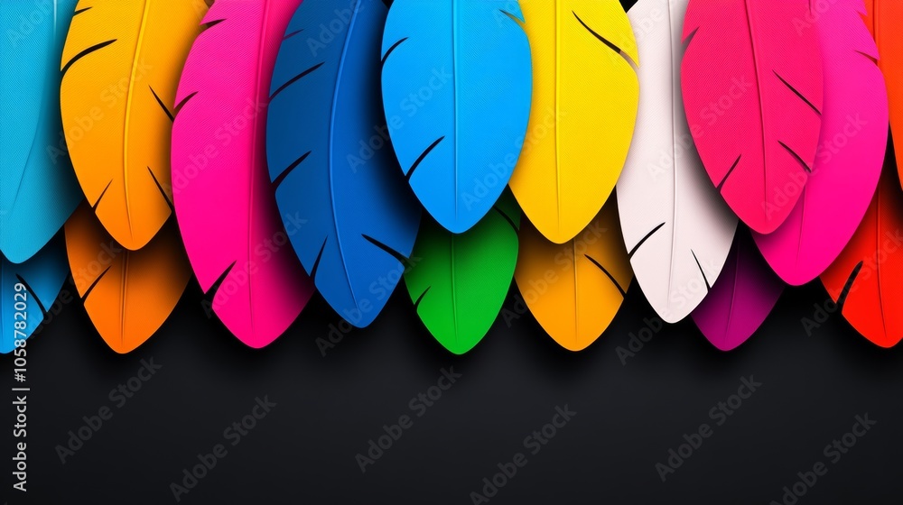 Poster colorful array of paper feathers with a black background. the feathers are of various colors and siz