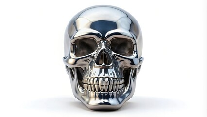 Symmetrical chrome skull with toothy grin on white background