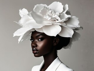 A woman wearing a white hat with a large flower on her head