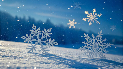 The delicate dance of snowflakes on a frosty winter day, each crystal reflecting the sunlight as it gracefully descends on a pristine canvas of white.