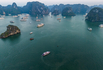 Aerial view of the Ha Long Bay, Halong Bay is a UNESCO World Heritage Site and popular travel...