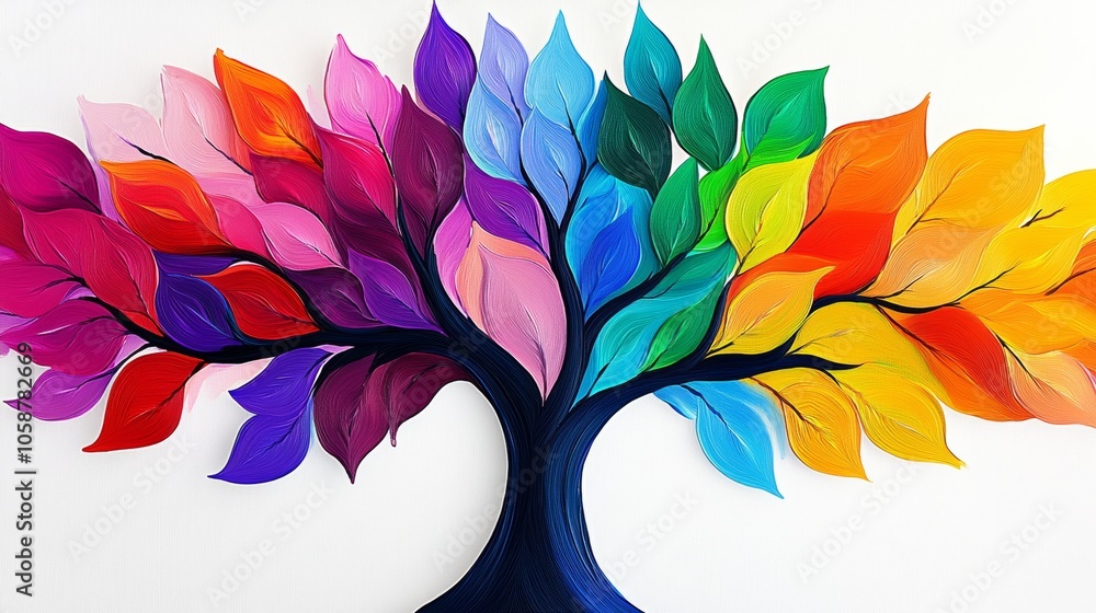 Poster colorful tree with many leaves of different colors. the tree is made of paper and is very colorful