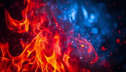 Abstract blue and red fire contrast on black background with flames and sparks 