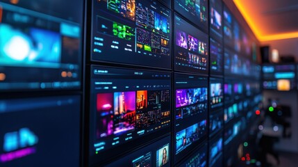 Fototapeta premium A vibrant multimedia wall showcasing various TV channels in a modern display area