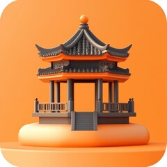 Vibrant Asian-Inspired Architectural Pavilion on Orange Background