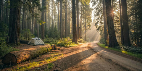 Fototapeta premium A solitary tent nestled amongst towering trees bathed in the golden glow of a rising sun, casting long shadows along a winding forest path.