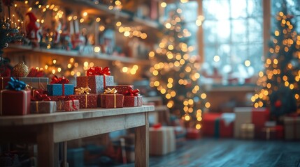 In a warm workshop, Santa prepares for the holiday season, surrounded by colorful presents, a workbench filled with tools, and cheerful decorations.