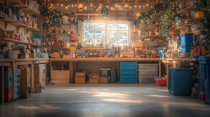 In a warm workshop, Santa prepares for the holiday season, surrounded by colorful presents, a workbench filled with tools, and cheerful decorations.
