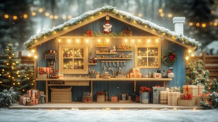 In a warm workshop, Santa prepares for the holiday season, surrounded by colorful presents, a workbench filled with tools, and cheerful decorations.