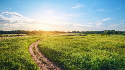 Obraz premium Sunlit path winding through a lush green field under a bright blue sky, inviting exploration and tranquility, with ample space for text or graphic overlay in the image.