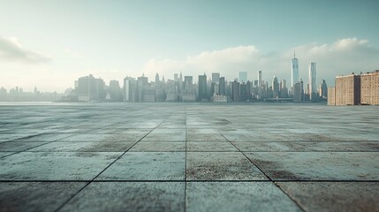 Fototapeta premium Manhattan, Dubai, Shanghai, and Hong Kong City Centers with Platforms, Roads, Parking Lots, and Brick Pavements for Car Advertisement Background