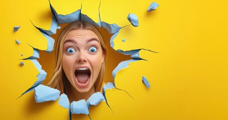 A joyful young woman gazes through a hole in a vibrant, ruined wall, shards of color bursting outward in a moment of happiness