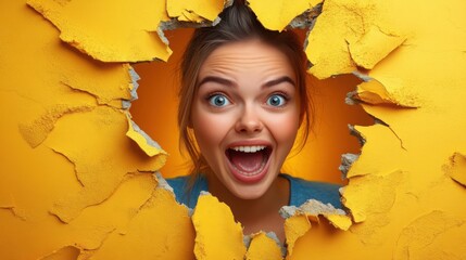 A joyful young woman gazes through a hole in a vibrant, ruined wall, shards of color bursting outward in a moment of happiness