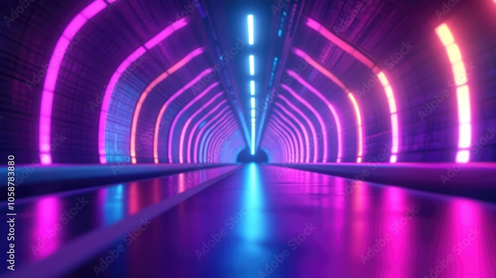 Poster 3d render featuring glowing lines and neon lights creating an abstract background of a corridor or t