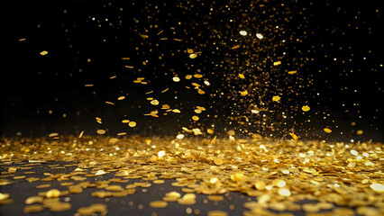 A cascade of golden confetti falls onto a bed of shimmering brilliance, creating a dazzling display of festive celebration.