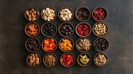 Fototapeta premium Overhead Shot of Assorted Dried Fruits and Nuts, Carefully Arranged in Small Bowls for a Healthy Snack Display