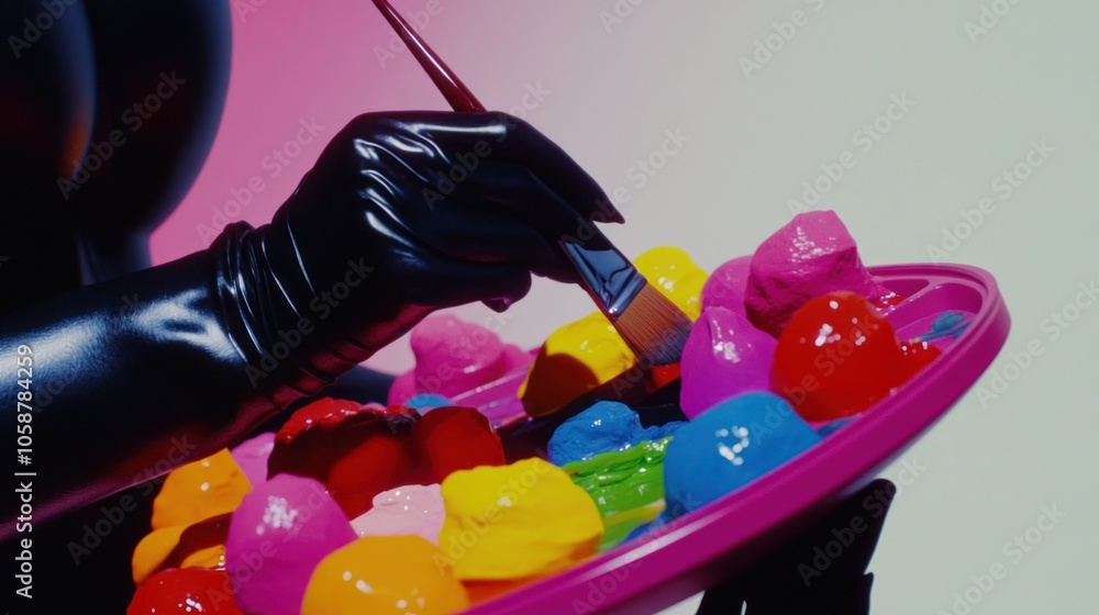 Poster a gloved hand paints colorful blobs on a vibrant palette.