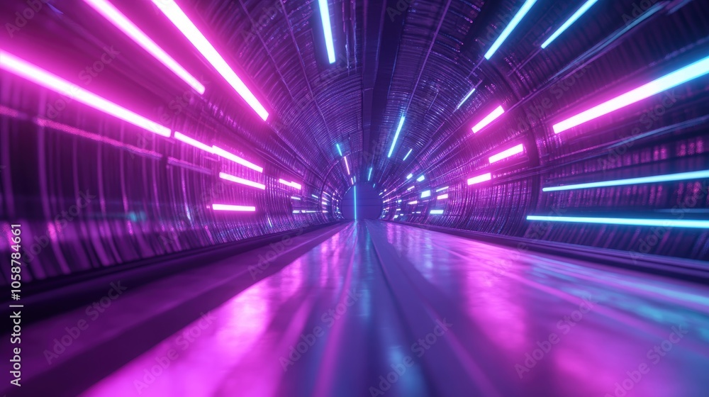 Poster 3d render featuring glowing lines and neon lights creating an abstract background of a corridor or t