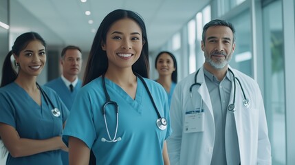 Fototapeta premium A diverse medical team in scrubs stands united in a bright hospital, showcasing collaboration and compassion.