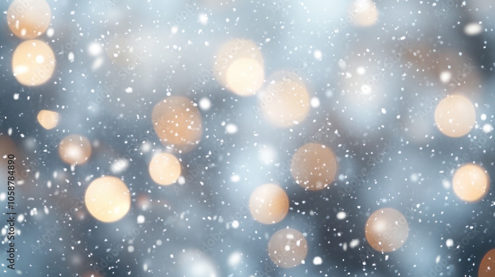 Poster blurry background featuring a snowfall texture complemented by abstract silver and gold bokeh lights