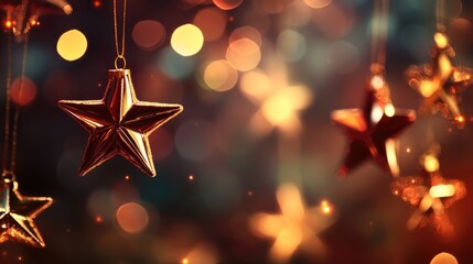 Abstract background featuring blurred lights and Christmas stars creating an illuminated atmosphere perfect for celebration with ample copy space