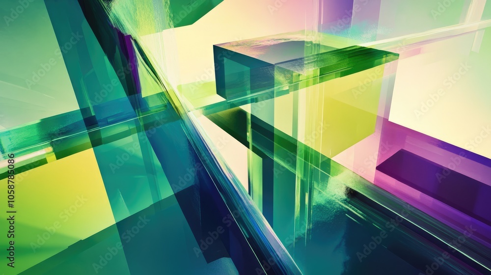Poster futuristic abstract composition featuring layered geometric shapes and translucent elements with a b