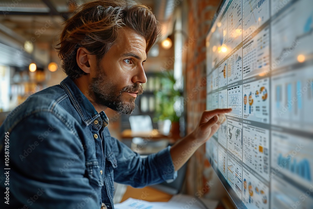 Poster a man analyzing data on a digital screen in a modern office setting.
