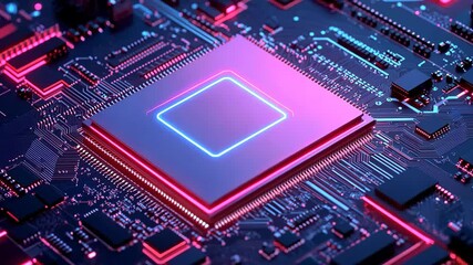 A close-up of a computer processor with neon lights, showcasing the complex circuitry within
