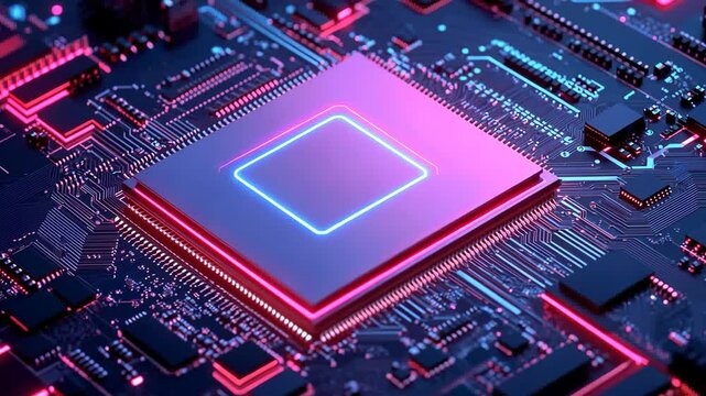 A close-up of a computer processor with neon lights, showcasing the complex circuitry within