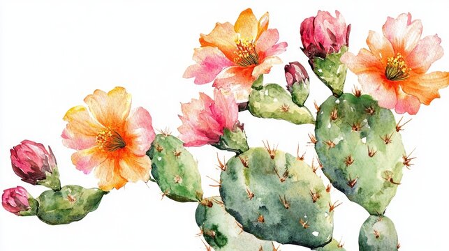 Watercolor illustration of a green cactus embellished with pink and orange flowers on a white backdrop highlighting a vibrant tropical floral theme