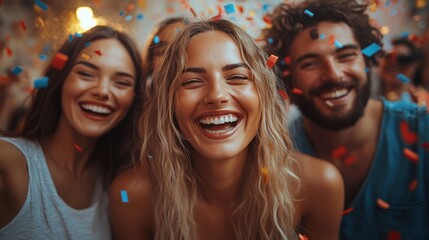 Fototapeta premium Three friends laughing and smiling joyfully with confetti falling around them at a party.