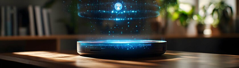 Fototapeta premium Close Up Virtual Assistant Hologram Macro Image Home Desk Static Camera Emphasizes Clarity Detail Advanced Technology Happiness Futuristic Work From Home Environment Photo Stock Concept