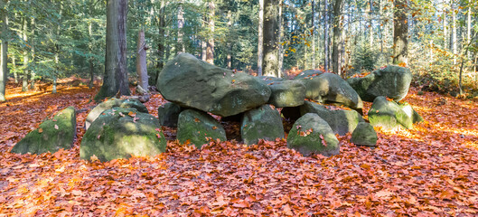 Panorama of a typical dutch prehistoric burial ground formed by large boulders called Hunebed in Evertsbos, Netherlands