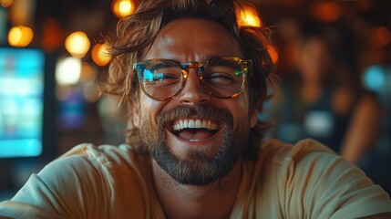 Fototapeta premium A young man with a beard and glasses smiles happily while looking at the camera.