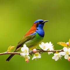 Obraz premium Vibrant bird perched on a flowering branch in soft focus