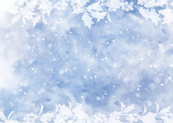 Hand painted watercolour background with holly leaves and berries 