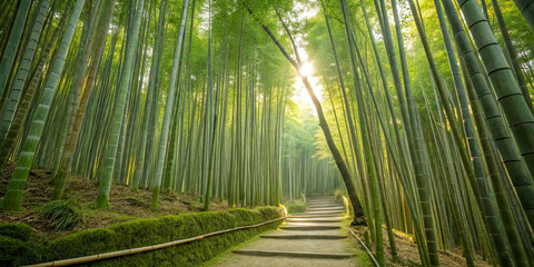 Fototapeta premium Sunlight filters through a dense bamboo grove, illuminating a winding path leading upwards through the emerald canopy.
