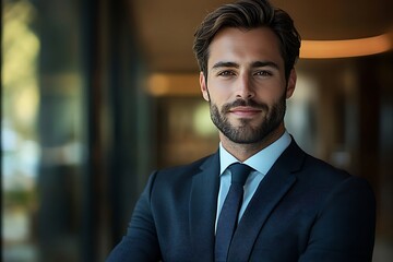 Fototapeta premium Serious Businessman Portrait - Blue Suit, Indoor Setting