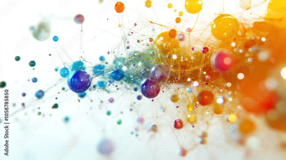 Poster interconnected by fine lines, creating a network of colors that glimmer against a white background.