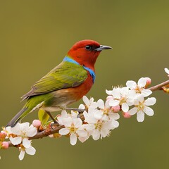 Fototapeta premium Vibrant bird perched on a flowering branch in soft focus