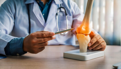 Doctor points at simulated bone joint. Diagnosis of osteoarthritis.
